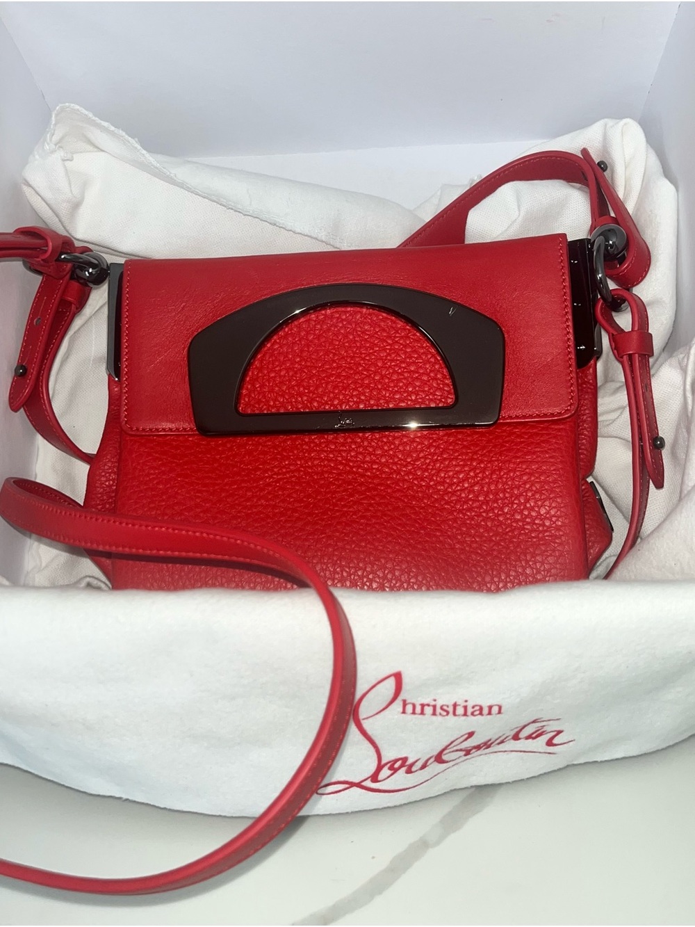 Christian Louboutin Red Pebbled Leather Mini Crossbody with Dark Metal Accent